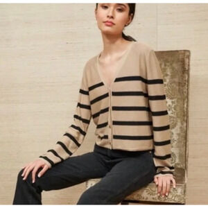 La Ligne Serge Tan Black Striped Linen Blend Cardigan Sweater Size Medium